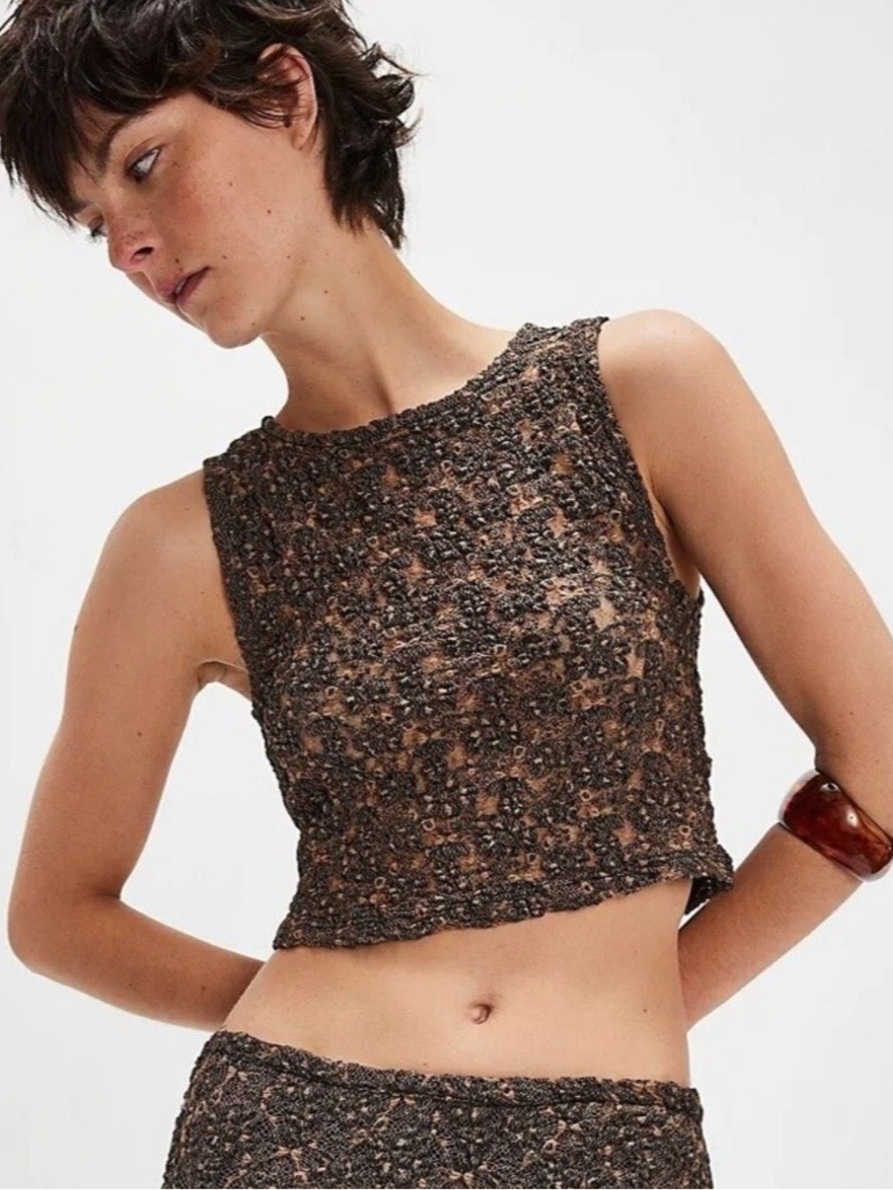Free People Laney Tank Blouse Cropped Top Floral Mesh Sleeveless Sheer